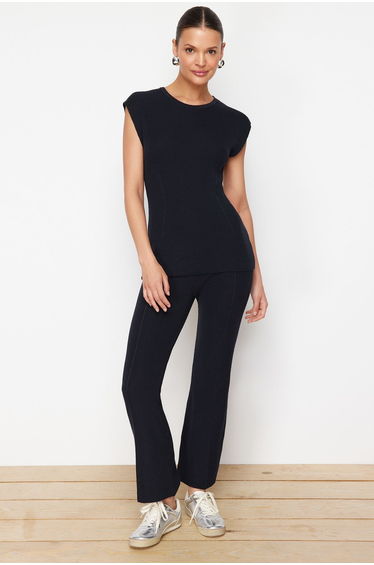 Navy Blue Thin Blouse Trousers Knitwear Bottom-Top Set