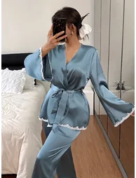 Blue Satin Lace Trim Wrap Top and Pyjama Set - 5