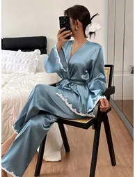 Blue Satin Lace Trim Wrap Top and Pyjama Set - 3