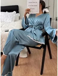 Blue Satin Lace Trim Wrap Top and Pyjama Set - 4