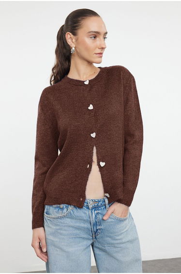 Brown Soft Texture Gem Button Jacket Look Knitwear Cardigan