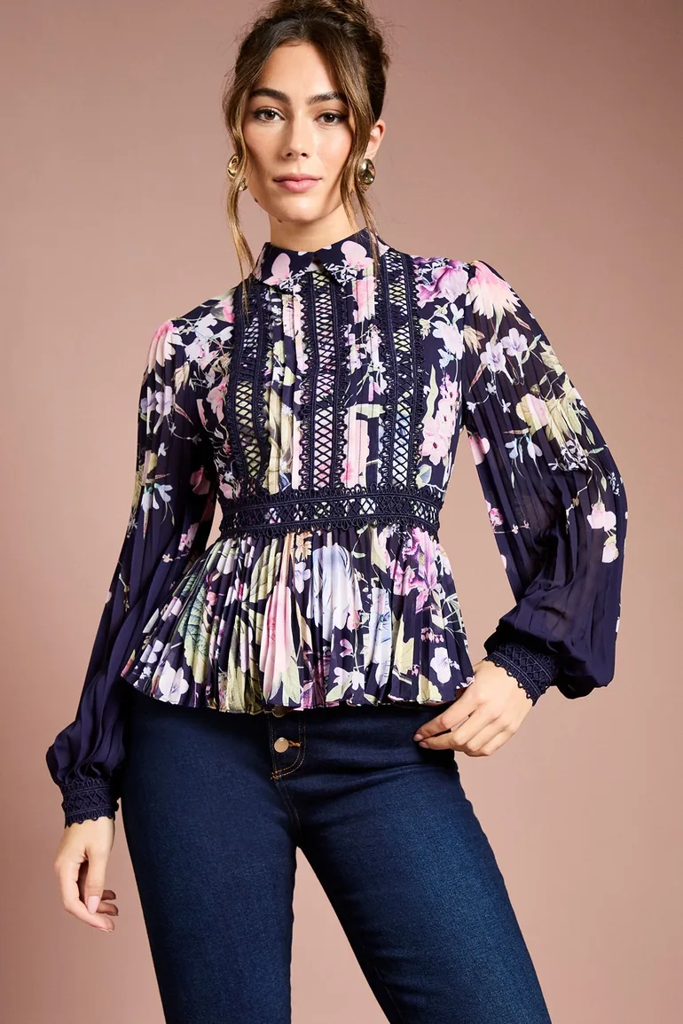 Printed Lace Trim Pleated Shirt - 1