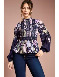Printed Lace Trim Pleated Shirt - 1