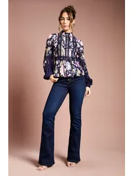 Printed Lace Trim Pleated Shirt