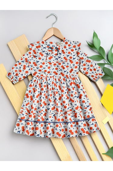 All-Over Cherry Print Ruffle Trim Cotton Dress