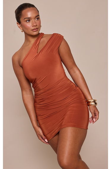 Shape Rust Slinky One Shoulder Ruched Mini Dress