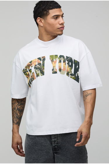White Oversized Boxy New York Camo Print T-Shirt - white