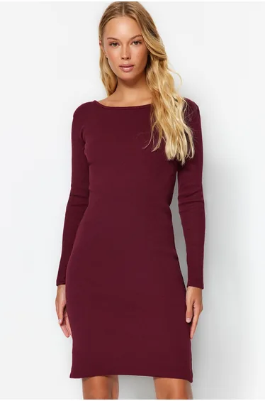 Burgundy Ribbed Back Detail Crew Neck Fitted Mini Stretch Knit Dress