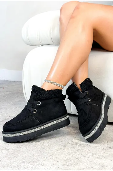 Lemonade Crystal Luxe Lodge Faux Fur Lined Boots Black