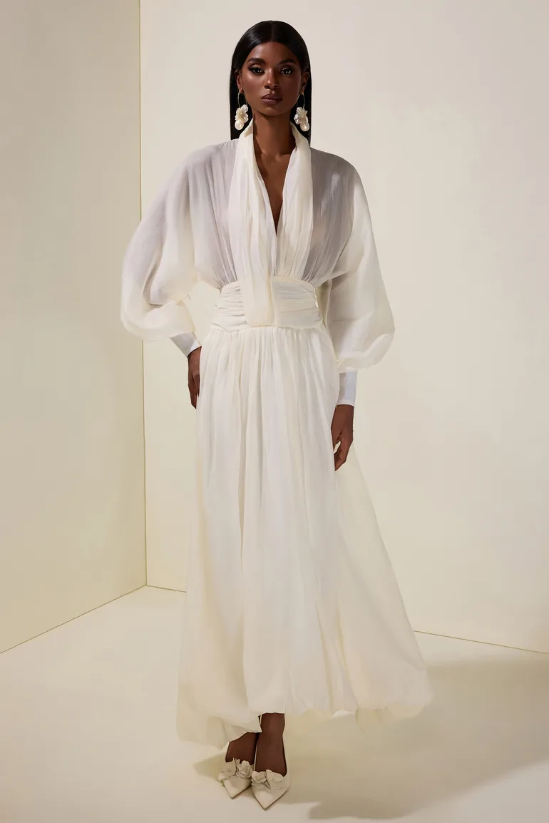 Chiffon V-Neck Lantern Sleeve Puff Midi Dress JardinVue : Bridal Dresses :  VogaCloset Oman