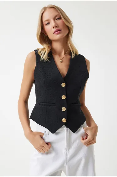 Women's Black Metal Button Detailed Tweed Waistcoat