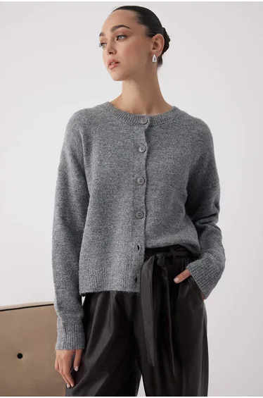 Anthracite Alpaca Wool Blend Wide Pattern Knit Cardigan