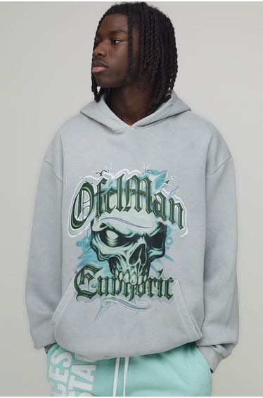 Oversized Euphoric Skull Graphic Washed Hoodie - grey