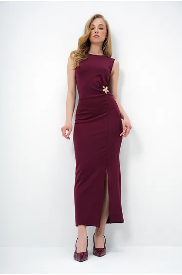 Burgundy Crew Neck Waist Gathered Sleeveless Dress with Metal Accessories