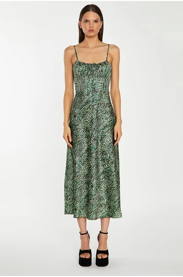 Green-Black Animal Strappy Milkmaid Midaxi-Dress