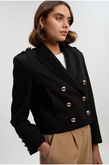 Scuba Military Collar Button Detail Cropped Blazer
