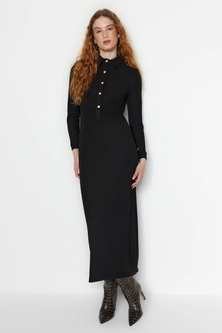Shop Black Gold Button Detailed Knitted Dress Online in Oman Shop Black Gold Button Detailed Knitted Dress Online in Oman