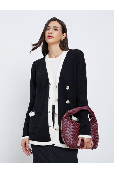 Black Longline Cardigan with Contrast Trim