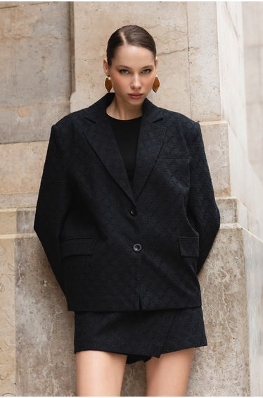Black Self-Patterned Lined Blazer Jacket