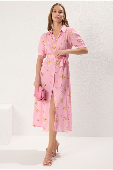 Pink Belted Floral Midi Woven Shirt Dress