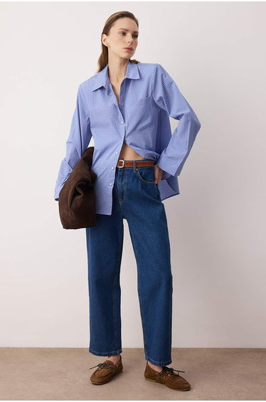 Blue Checkered Shoulder Pad Pack Wide Cuff Oversized Shirt