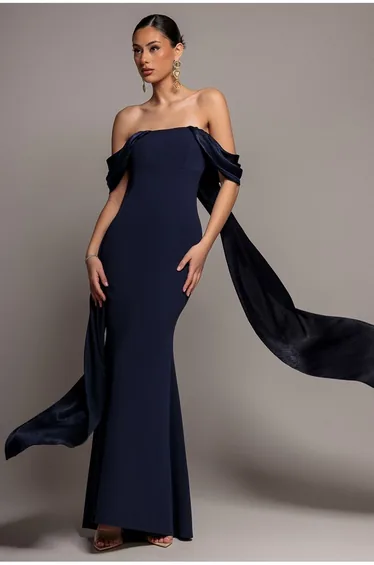Off Shoulder Velvet Satin Wings Cape Maxi Dress - Navy Blue by Goddiva