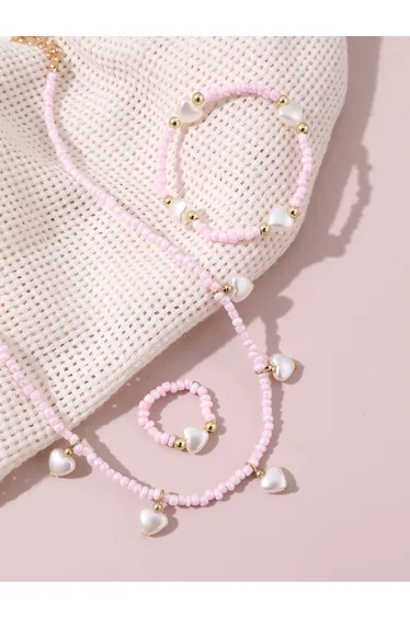 Girls Pink Heart Charm Beaded Necklace, Bracelet, and Ring Set