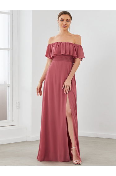 ever ÉMILE|Plus Size Off the Shoulder Formal Bridesmaid Dress with Thigh Split