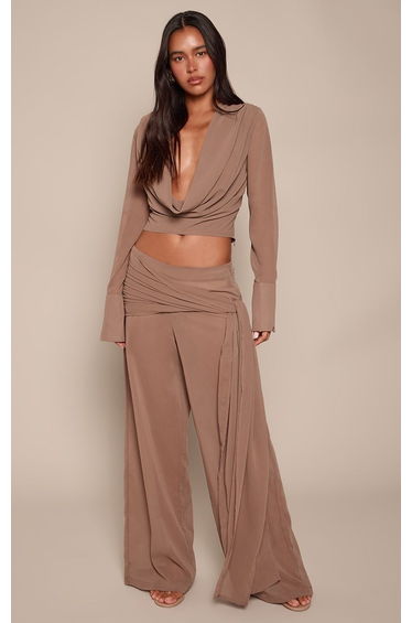 Mushroom Chiffon Cowl Neck Tight Sleeved Top Co-ord