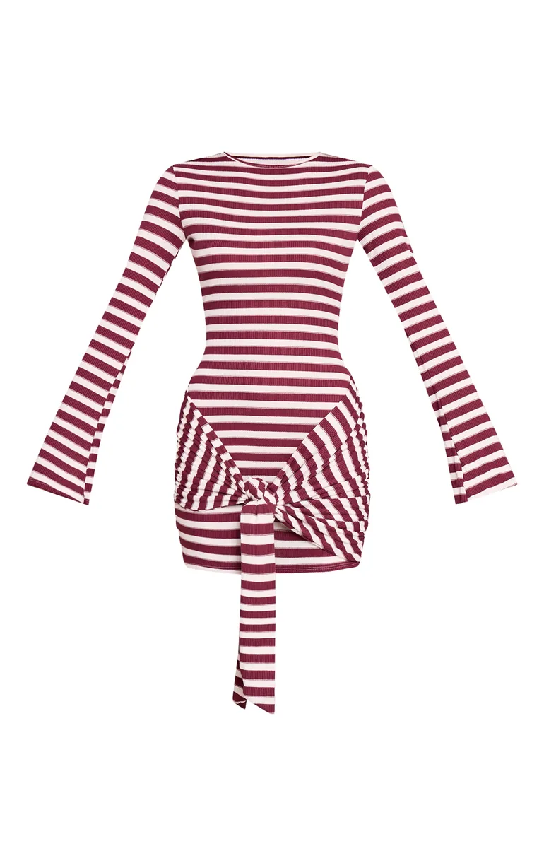 Burgundy Striped Long Sleeve Wrap Detail Bodycon Dress - 4