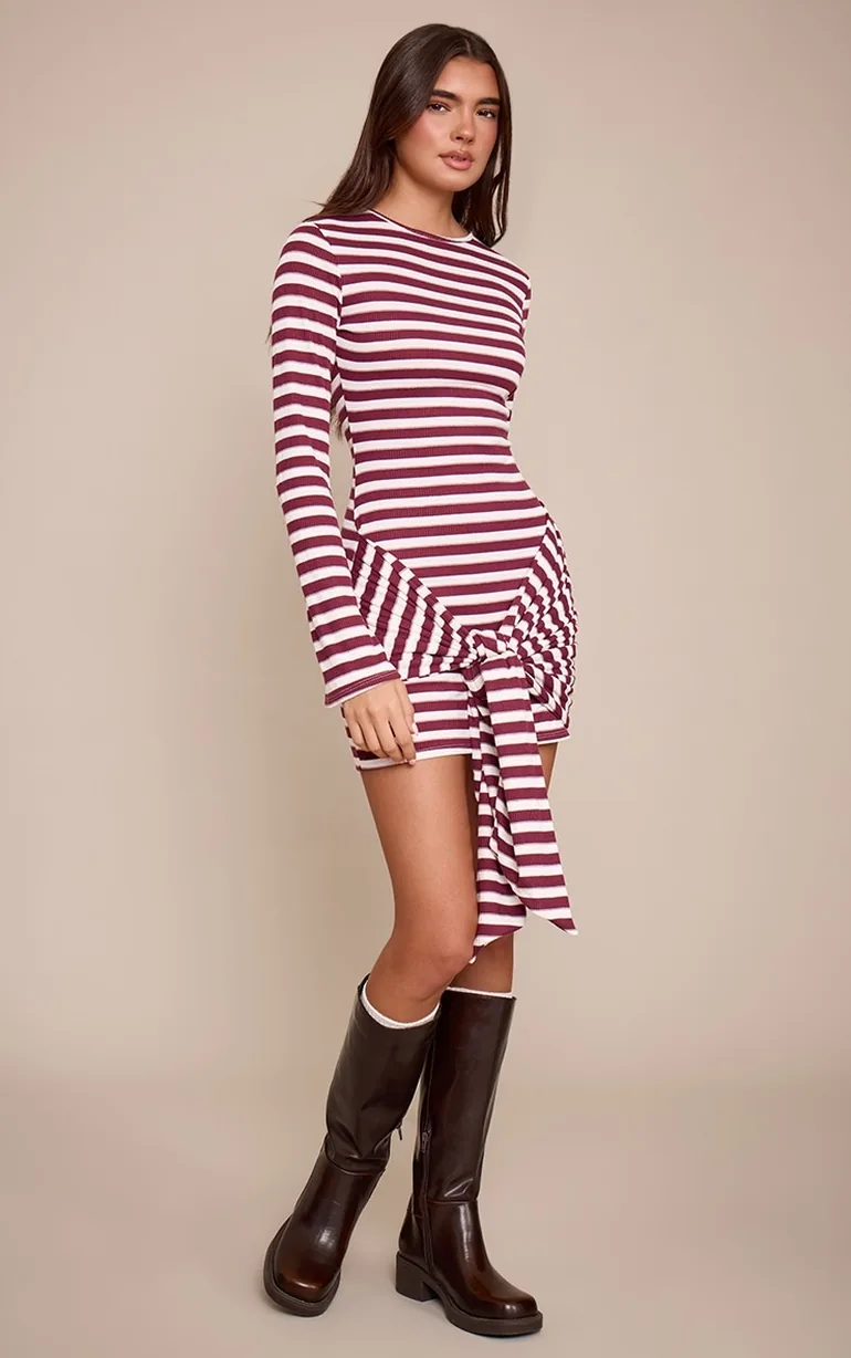 Burgundy Striped Long Sleeve Wrap Detail Bodycon Dress