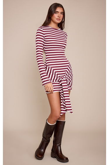 Burgundy Striped Long Sleeve Wrap Detail Bodycon Dress