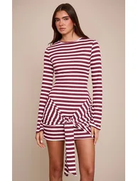Burgundy Striped Long Sleeve Wrap Detail Bodycon Dress - 5