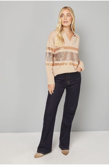Petite Oatmeal Sequin Placement Polo Jumper