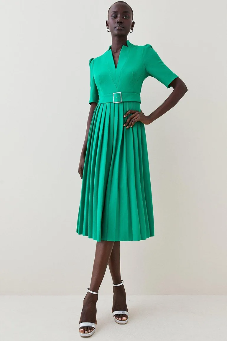 petite tailored structured crepe forever pleat midi dress Karen Millen Petite Tailored Structured Crepe Forever Pleat Belted Midi Dress in Black