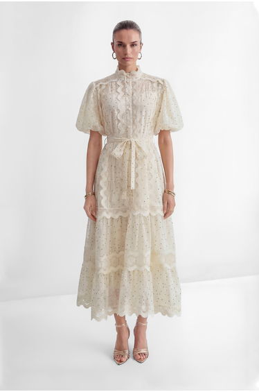 Momentous Love Beige Lace Trim Polka Dot Maxi Dress