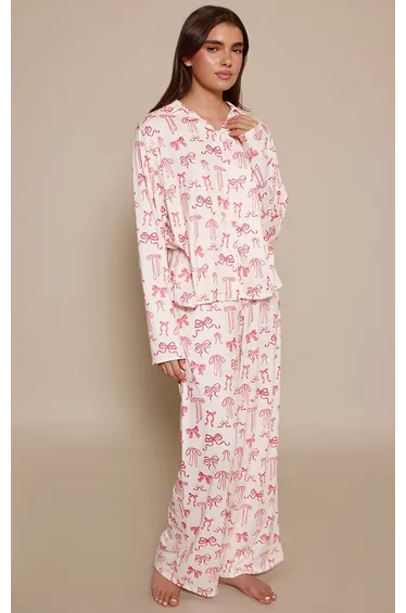 Cream Pink Bow Print Long Sleeve Button Through Pj Set
