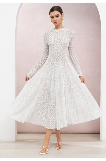 Lace Wavy Long Sleeve Flare Hem Mesh Dress in White for Bridal Events & Date Night