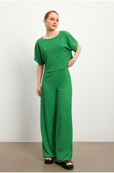 Women's Green Short Sleeve Crinkle Pants Set