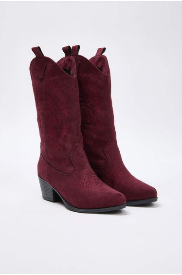Burgundy embroidered pointed toe block heel women's cowboy boots