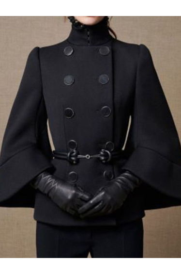Flared Buttoned Solid Color High Neck Jackets&Coats Outerwear Woolen Coat without belt product thumbnail 2