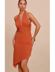 Rust Double Layered Chiffon Plunge Neck Hanky Hem Dress - 1