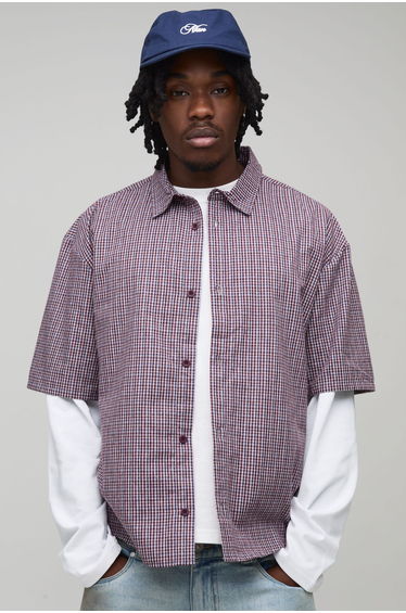 Tall Boxy Oversized Micro Check Faux Layer Shirt - red