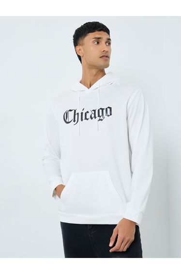 Men White Chicago Print Hoodie