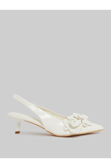 Off-White Floral Slingback Kitten Heels Shoes
