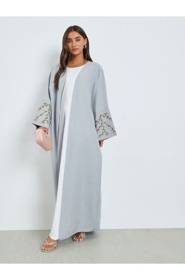 Grey Front Open Abaya with Embroidery