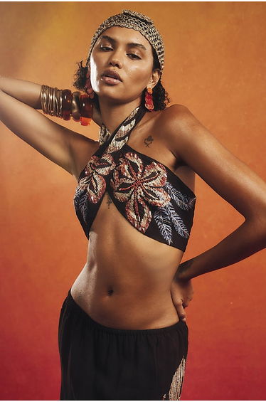 Black Beaded Floral Halter Neck Crop Top