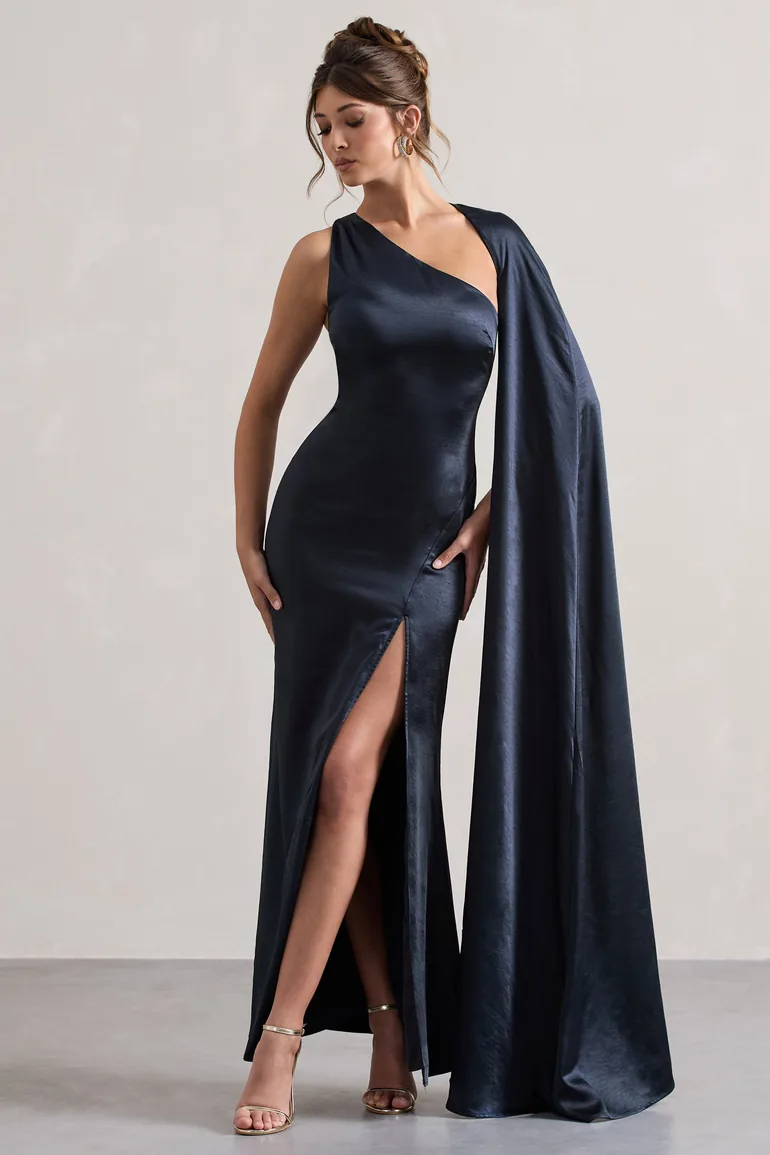 one shoulder cape sleeve dress Tarik Ediz 99013