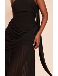 Black Chiffon Scarf Detail Bandeau Ruched Maxi Dress - 3