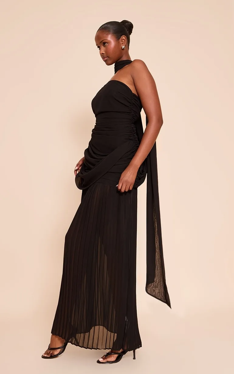 Black Chiffon Scarf Detail Bandeau Ruched Maxi Dress - 2